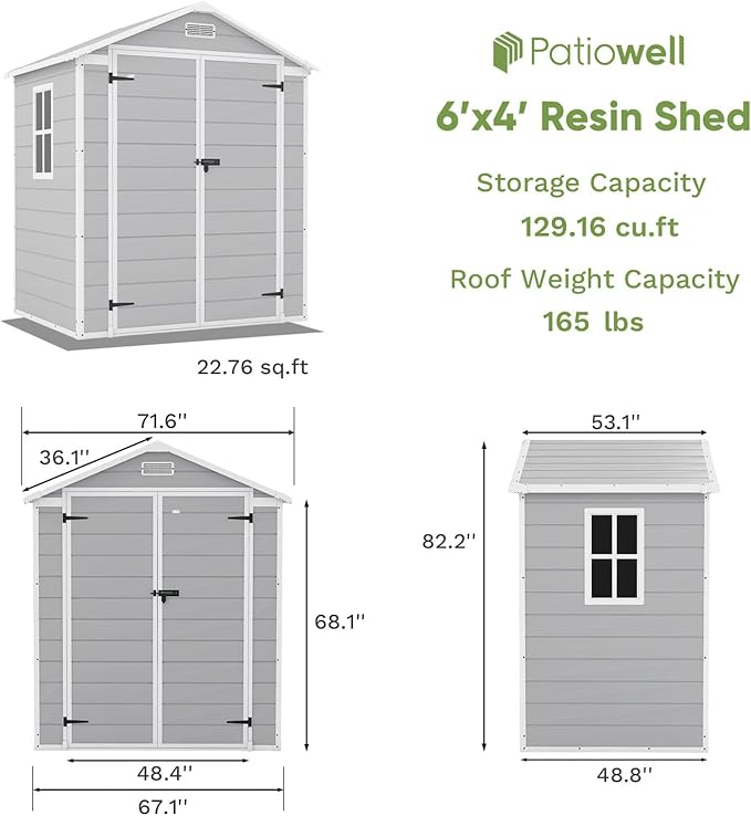 Patiowell 6x4 FT Resin Outdoor Storage Shed with Floor, Plastic Storage Shed with Lockable Door, Outside Shed Perfect to Store Patio Furniture, GardenTools Bike Accessories, Lawn Mower, Light Gray