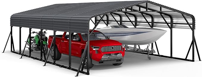 20x30FT Heavy Duty Metal Carport, Outdoor Portable Car Garage w/Reinforced Support Rods & Windproof Ground Anchors, All-Season Versatile Outdoor Shelter for 3 Car, Boats, Truck