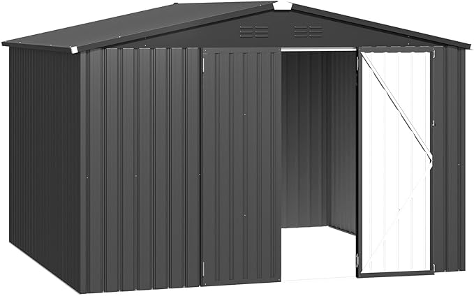 AECOJOY 8' x 10' Outdoor Storage Metal Shed, Dark Grey Steel Yard Shed & Outdoor Storage Clearance with Design of Lockable Doors, Utility and Tool Storage for Garden, Backyard, Patio, Outside use