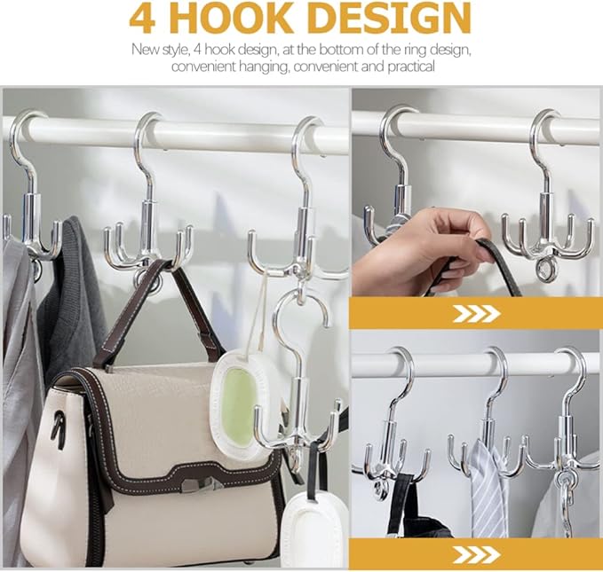 Zerodeko 4-Claw Rotating Hook for Closet - Multi-Purpose Swivel Coat Hat Belt Rack Organizer for Hanging Bags Ties Scarves Space Saving Home Storage