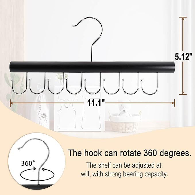 2PCS Belt Organizer Hanger,Sturdy Wood Belt Rack Closet Accessories with 8 Hooks Belt Organizer for Closet Organizers and Storage -Black