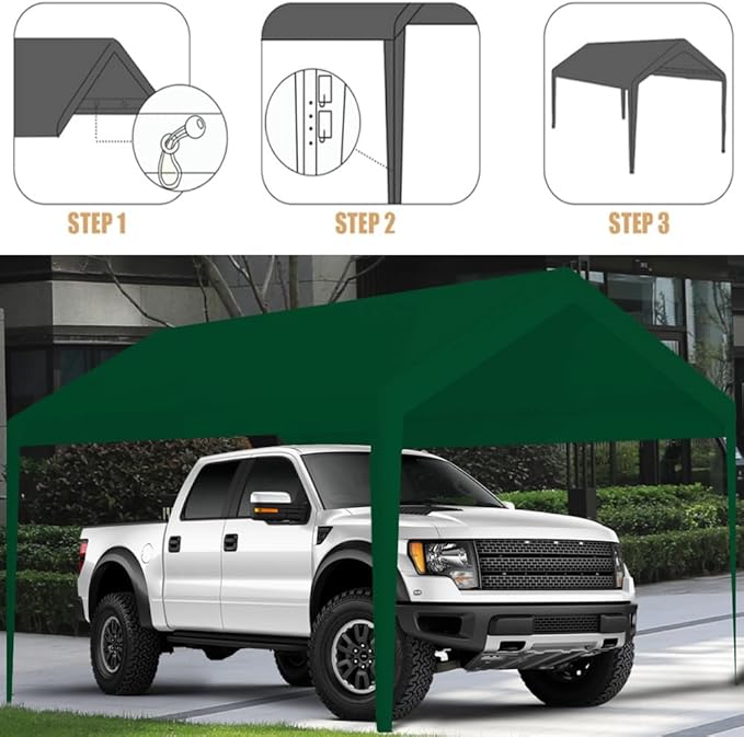 Carport Replacement Canopy, Replacement Top Cover for 10' x 20' Carport Frame, 180G PE Fabric Waterproof & UV Protected Tarp with Ball Bungees, Green (Only Top Cover, Frame is not Included)