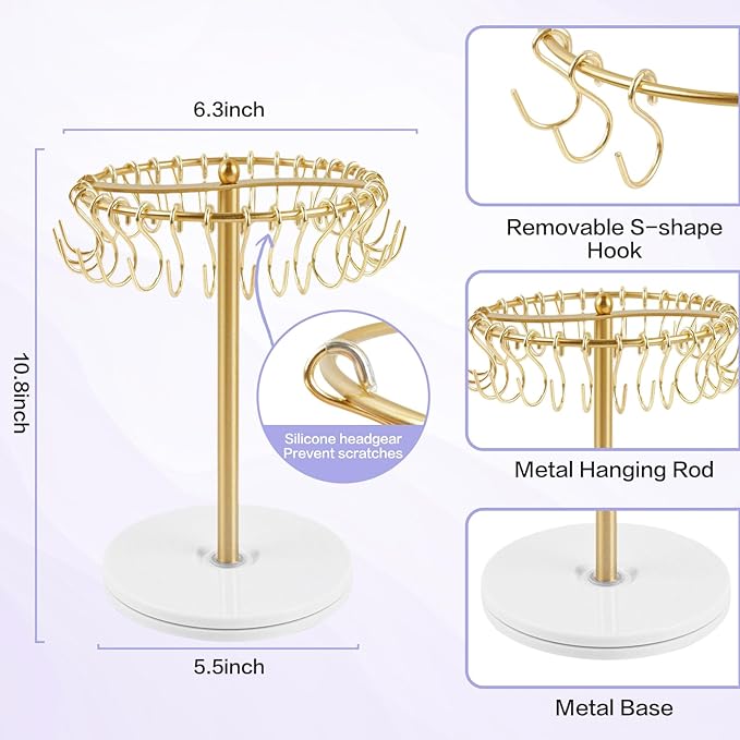 Planetgreen 360° Rotating Headband Holder for Baby Girls - Gold Hair Bow Organizer Display Stand with 30 Hooks - Spinning Hair Accessories Storage Rack for Nursery Room, Dresser & Vanity Table