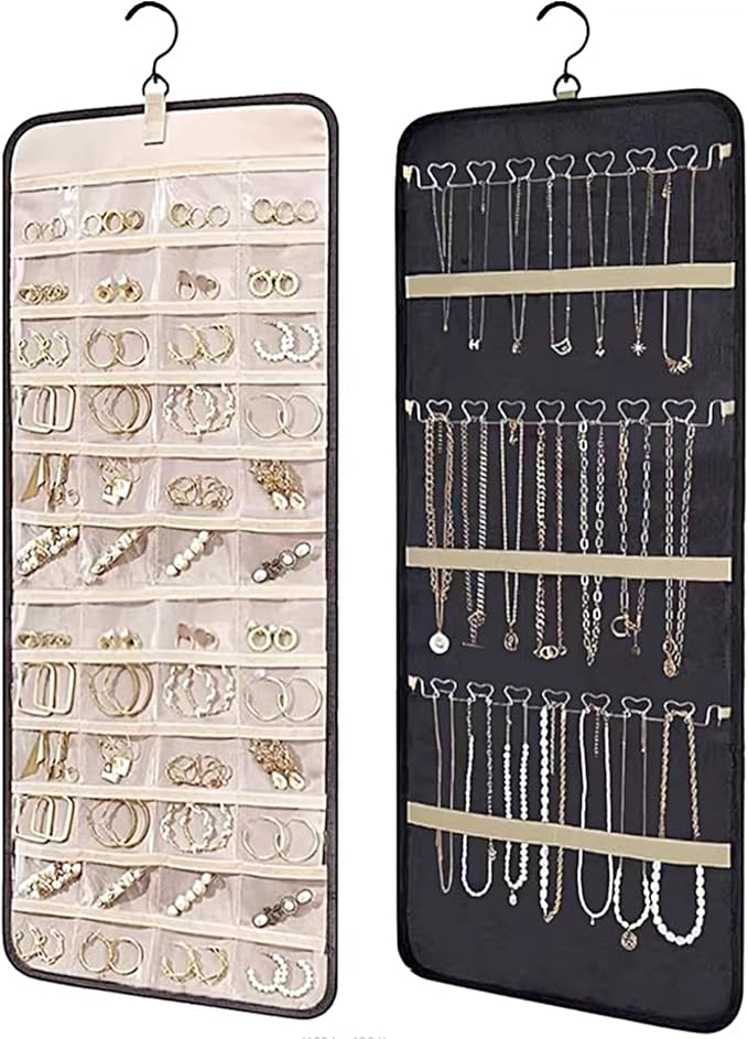 Jewelry Organizer Hanging Storage Roll-Large Closet Wall Jewelry Storage Organizer with Hanger Metal Hooks Travel Jewelry Holder for Earrings, Necklaces, Rings (Black)