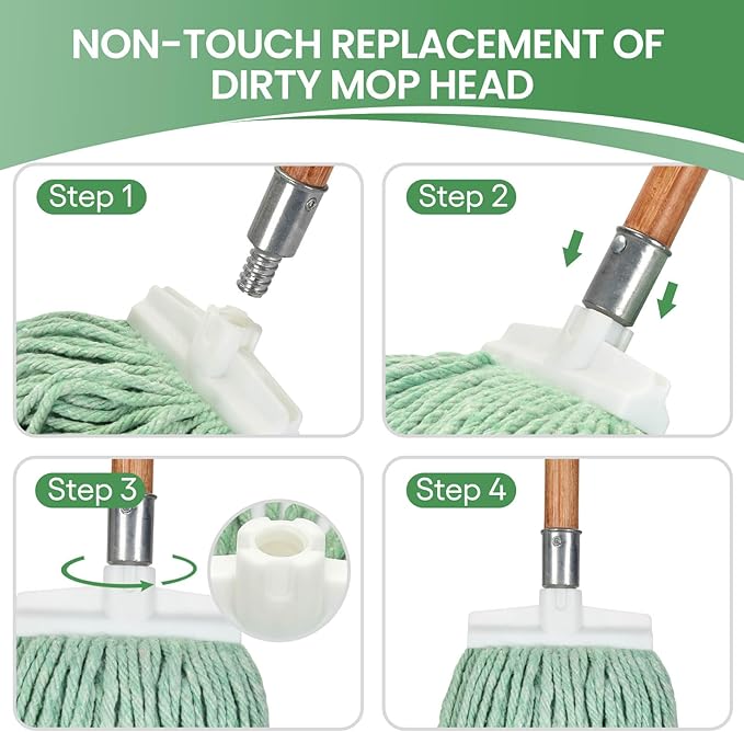Matthew Cleaning Screw-on Heavy Duty Cotton Wet Mop Replacement Heads(Green, Large,6 Pack) with 2 Pack Microfiber Cloth for Residential & Commercial Floor Cleaning Use- Fit Standard American Screw