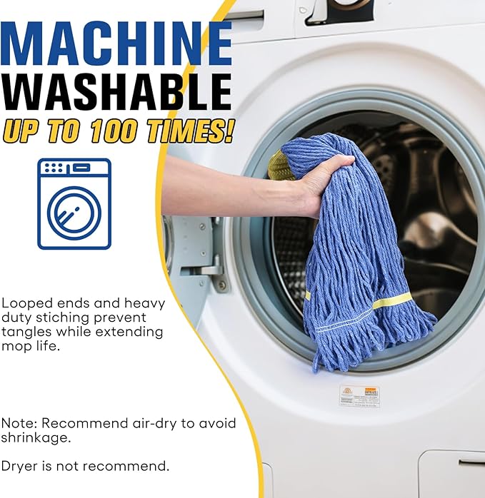 Matthew Cleaning Heavy Duty Mop Head Replacement, 5 Inch Wide Headband, Color Coded Looped End Cotton String Wet Mops for Floor Cleaning, Large Size 24 oz, 12 Pack