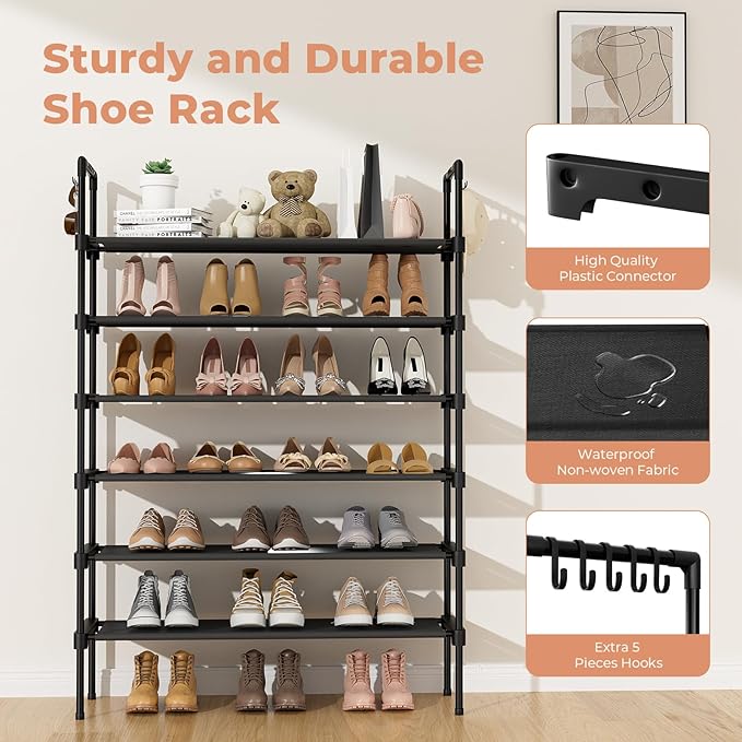 6 Tier Shoe Rack for Closet Shoe Organizer with 5 Hooks, Long Shoe Shelf Storage for Shoe and Boot Stackable Free Standing Shoe Rack for Entryway, Garage, Small Spaces, Dorm, Black