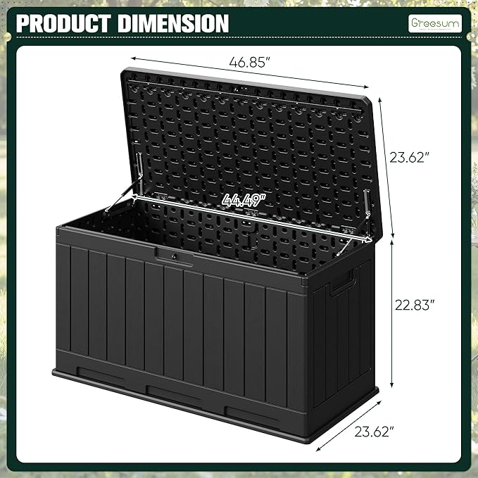 Greesum 90 Gallon HDPE Outdoor Storage Box - Waterproof, Large Capacity Deck Box for Patio, Yard, Garden Tools, Black