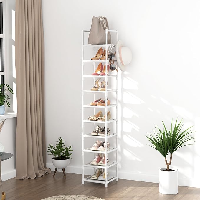Tall Narrow Shoe Rack 10-Tier Skinny Shoe Shelf Storage for 10-15 Pairs Shoes and Boots, Space Saving Corner Shoe Rack Organizer for Closet, Entryway, Garage, Living Room,White