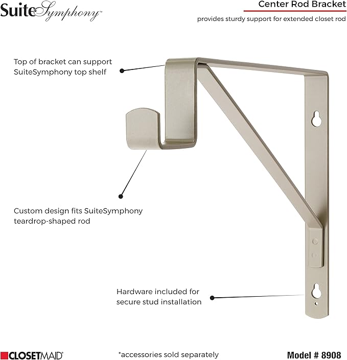 ClosetMaid SuiteSymphony Closet Bracket for Center Rod, and Shelf Support, Add On Accessory, Satin Nickel (Pack of 2)