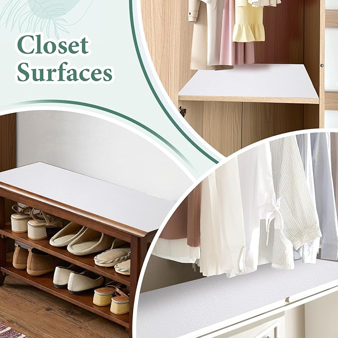 Drawer and Shelf Liner for Kitchen Cabinet: 17 in X 30 Ft Non Slip Waterproof Shelf Paper Non Adhesive Refrigerator Liners White Easy Liners for Bathroom Cupboard with Knife Tape Measure