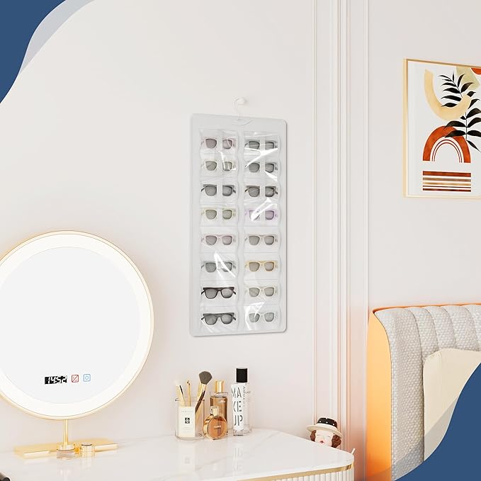 Hanging Sunglasses Organizer and Storage, Dual-Sided Sunglasses Case and Jewelry Holder, Wall-Mounted, 32 Clear Slots, Dust-Proof, Roof Design for Travel, White