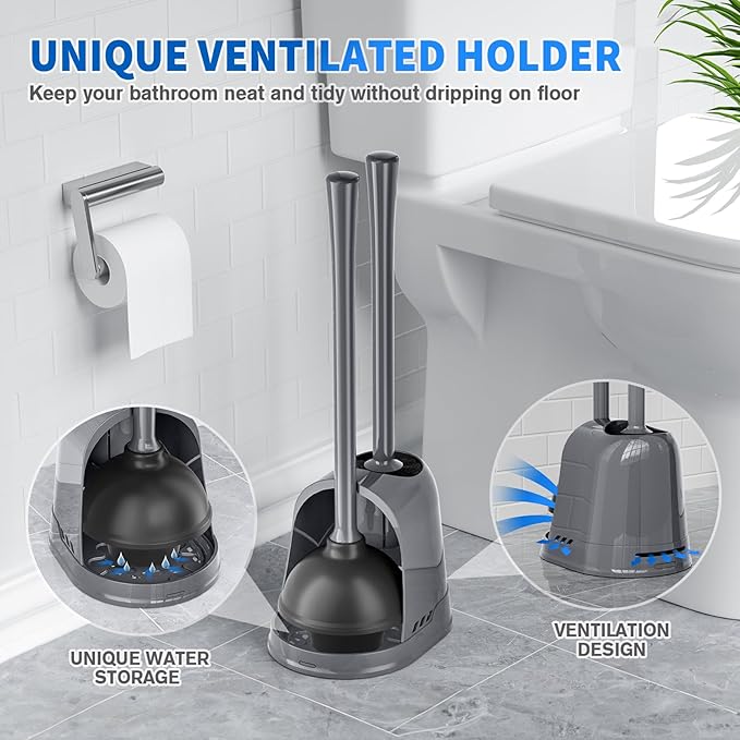 Toilet Plunger and Brush, Bowl Brush and Heavy Duty Toilet Plunger Set with Ventilated Holder, 2-in-1 Toilet Brush and Plunger Combo for 5.3-inch Toilet Drain Bathroom Cleaning (Gray, 1 Set)