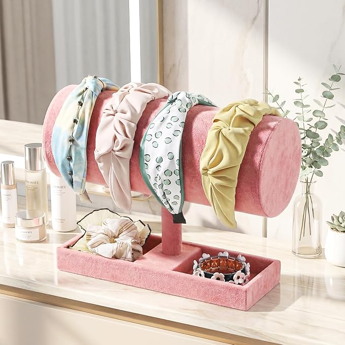 Coward Headband Organizer Holder Stand, Ear Headband Storager Display Stand Rack with Blank Tray for Hairband, Hairpin, Scrunchies,Chain Jewerlry and Hair Accessories (Peach Velvet)