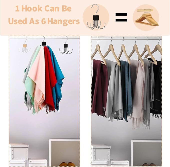 2pcs 360° Rotating 6-Claw Multi-Function Hook Closet Hanging Organizer Hangers for Clothes Hats Scarves Belts, Stainless Steel Rotary Hook Hanger for Kitchen Bathroom Office Home Storage Rack (Black)