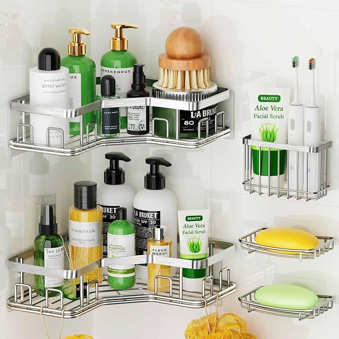 MAXIFFE 5 Pack X-Large Corner Shower Caddy, with Soap Holder and Toothbrush Holder, Large Capacity No Drilling Stainless Steel Hold 40 LB Shower Organizer Shelf Rack for Family Renter Bathroom, Silver