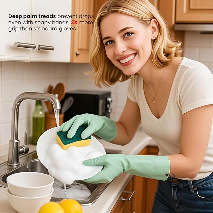 Dishwashing Gloves for Kitchen, 4 Pairs Rubber Cleaning Household Dish Washing Latex Glove with Hanging Hook (Black+Blue+Green+Grey, Small)