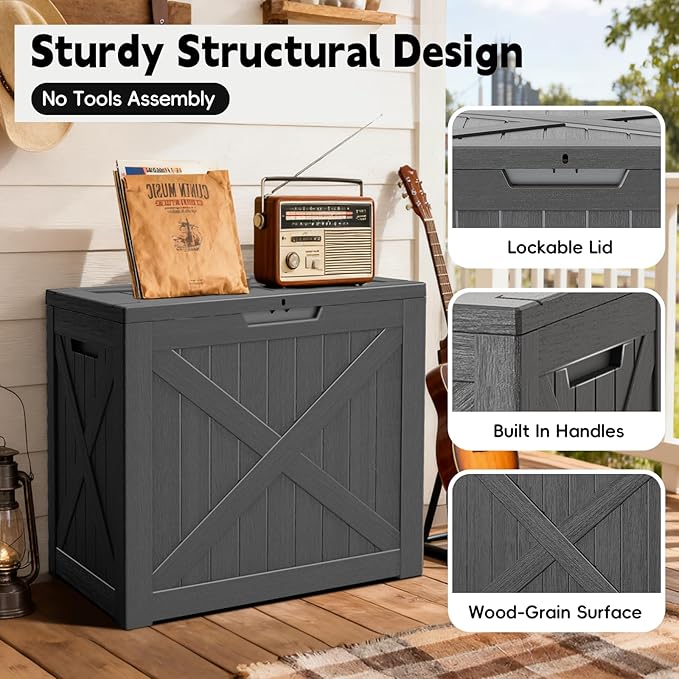 Outdoor Storage Box, Deck Box Waterproof 35 Gallon, Resin Outside Storage, Storage Bin for Package Delivery, Patio Furniture Cushion, Pool Accessories, Weatherproof and UV Resistant, Black, Barn Style