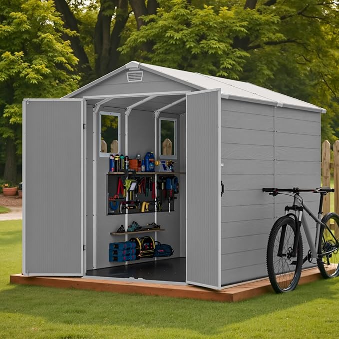Devoko 6x8 FT Resin Storage Shed with Floor, Outdoor Plastic Garden Shed with Window, Waterproof Tool Storage Shed with Lockable Door for Backyard, Patio, Lawn, Light Gray
