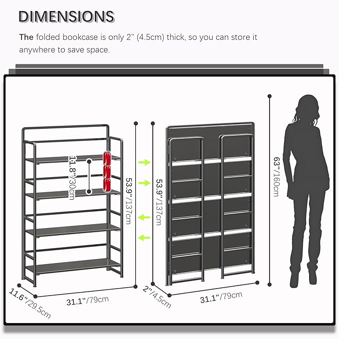 4NM No Assembly Extra Wide 4 Tiers Folding Bookshelf Storage Shelves Vintage Bookcase Standing Racks Study Organizer Home Office (All Black)