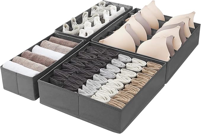 Amazon Basics Dresser Drawer Storage Organizer for Undergarments Gray | Set of 4