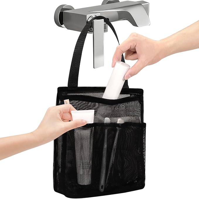 Portable Mesh Shower Caddy, Gym Travel Camp Dorm Room Essentials for College Student Boy Girl, Bathroom Shower Bag - Black