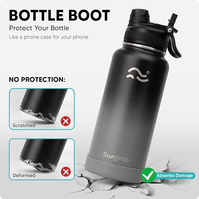 [2-IN-1 LID] Insulated Water Bottle with Silicone Boot (36hrs Cold/18hrs Hot) - DIY Stickers, Leakproof, BPA Free, 32 oz