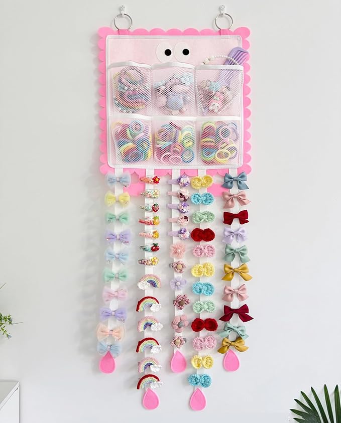Hanging Hair Clip Organizer with Pockets for Hair Ties, Hair Bow Holder for Girls Barrettes, Scrunchies – Cute Hair Accessories Organizer for Kids & Toddlers