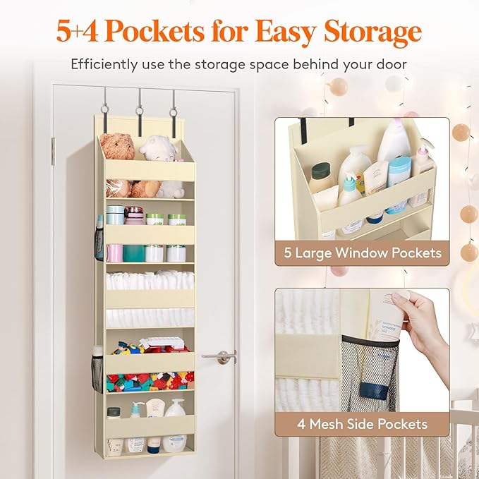 Lifewit 1 Pack Over the Door Organizer, Clear Window Hanging Storage with 4 Mesh Side Pockets, Anti Tilt 40 lbs Load Behind Door for Pantry, Nursery, Bathroom, Bedroom, Dorm, 5 Section, Beige