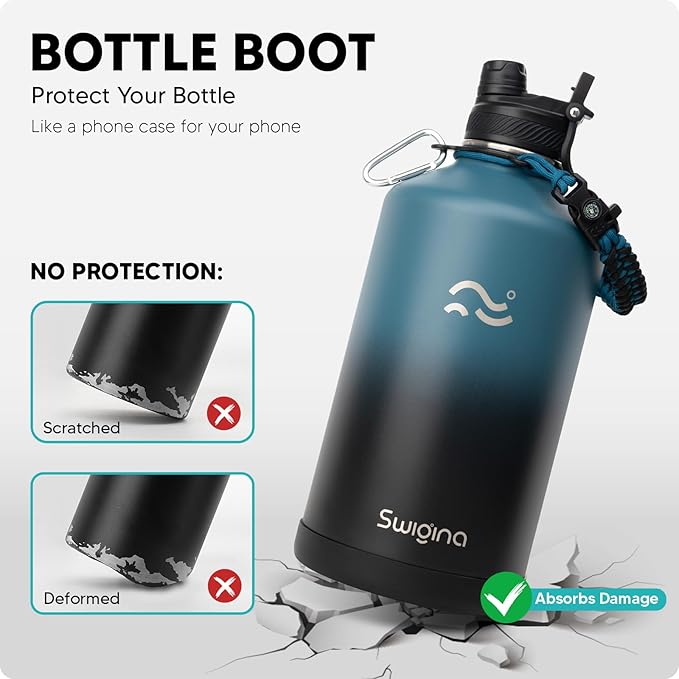 [2-IN-1 LID] Gallon Insulated Water Bottle with Silicone Boot (48hrs Cold/24hrs Hot) - DIY Stickers, Leakproof, BPA Free, 128 oz