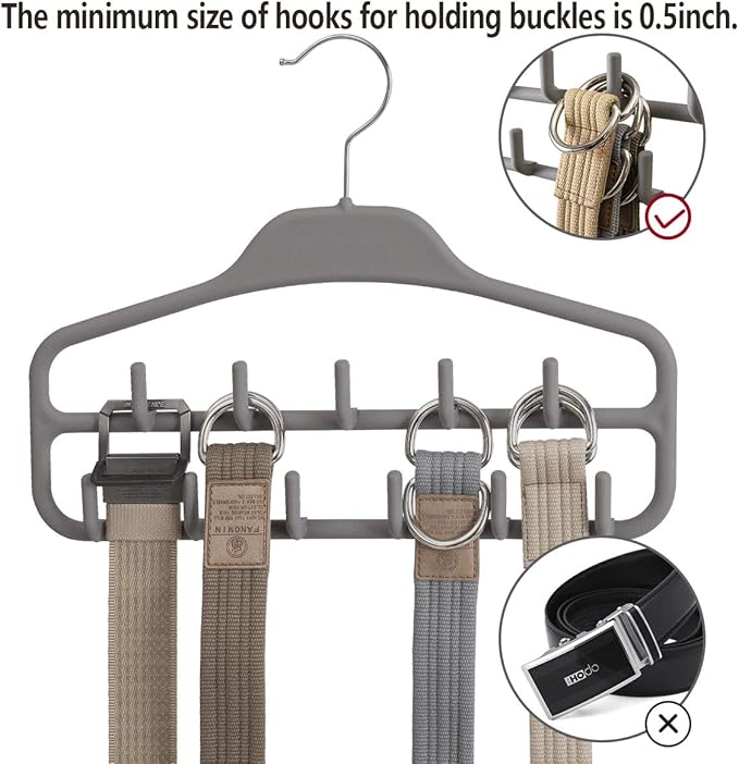 ELONG HOME Belt Hanger 2 Pack, Sturdy Belt Organizer with 360 Degree Swivel, Tie Rack with 11 Large Belt Hooks for Closet, Non Slip Rubberized Belt Rack, Gray