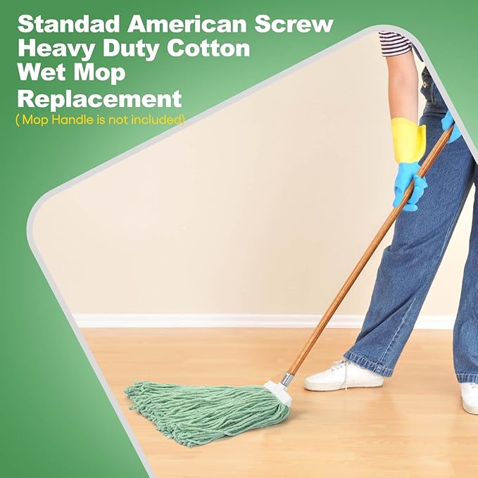 Matthew Cleaning Screw-on Heavy Duty Cotton Wet Mop Replacement Heads(Green, Large,3Pack) with 2 Pack Microfiber Cloth for Residential & Commercial Floor Cleaning Use- Fit Standard American Screw