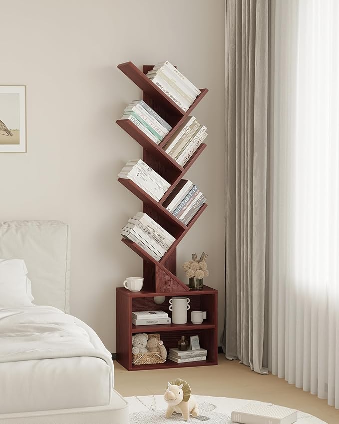 SUNMORY 6 Tier Tree Bookshelf, Tall Bookcase with Storage Cabinet, Modern Narrow Bookshelves Organizer, Floor Standing Book Shelf for Bedroom/Living Room/Home Office/Corner, Cherry