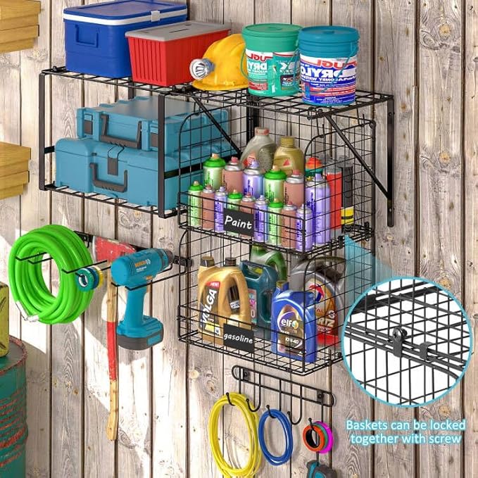 Garage Shelf Wall Mounted with Wire baskets, Heavy Duty Garage Wall Shelving with Garden Tool Rack and Hooks, Wire Shelf Baskets Tool Organizer for Home Garden Yard Organization and Storage