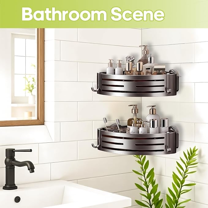 Corner Shower Caddy Suction Cup,Shower Shelves with Hooks,No Drilling Powerful Suction Bathroom Organizers and Storage,Removable Waterproof Rustproof Shower Bathroom Accessories Decor(Grey 3Pack)