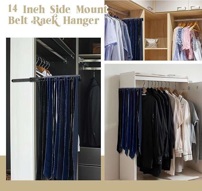 Blulu 2 Pcs 13.8'' Sliding Tie Rack Hangers for Closet, 25(Total 50) Tie Pull Out Wall Mounted Extending Sturdy Metal Belt Organizer Holder for Men Belt Storage, Black