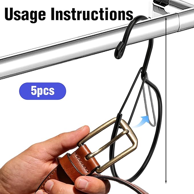 5-Pack Belt Hanger for Closet - S-Shaped Metal Belt Organizer and Tie Rack - Space Saving Scarf Holder and Purse Hanger for Tank Tops, Black, 7.87 x 5.9 Inches