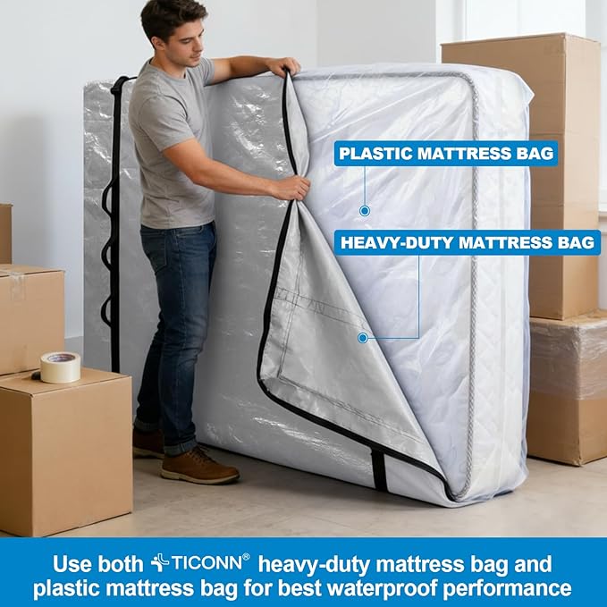 TICONN Mattress Bags for Moving, Heavy Duty Queen Mattress Cover Storage Bag with Full-Around Handle and Adjustable Buckles (Gray, Queen)