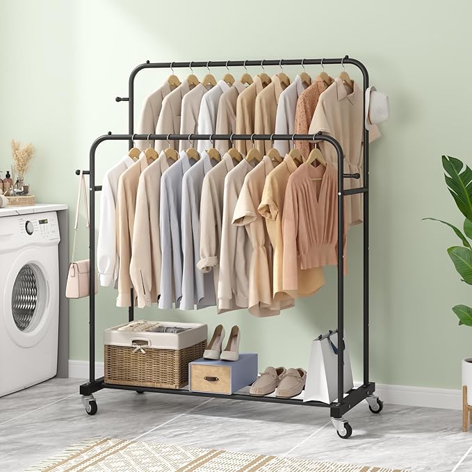 Laiensia Double Rods Garment Rack with Wheels, Clothing Rack for Hanging Clothes,4 Hooks, Multi-functional Bedroom Clothes Rack, Black