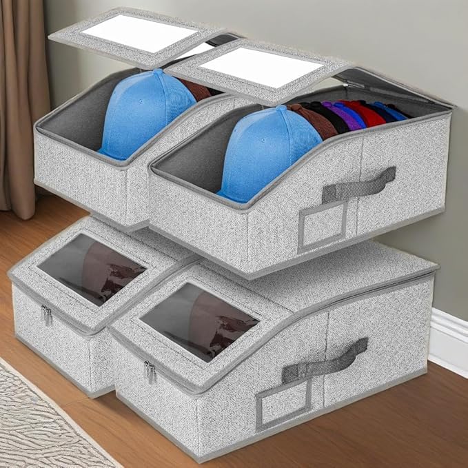 ‌Portable Hat Storage Box Organizer | Large Capacity Foldable Cap Holder with Clear Window | Space-Saving Closet Accessory for Baseball Caps, Beanies & Sun Hats‌ (4 Pack)