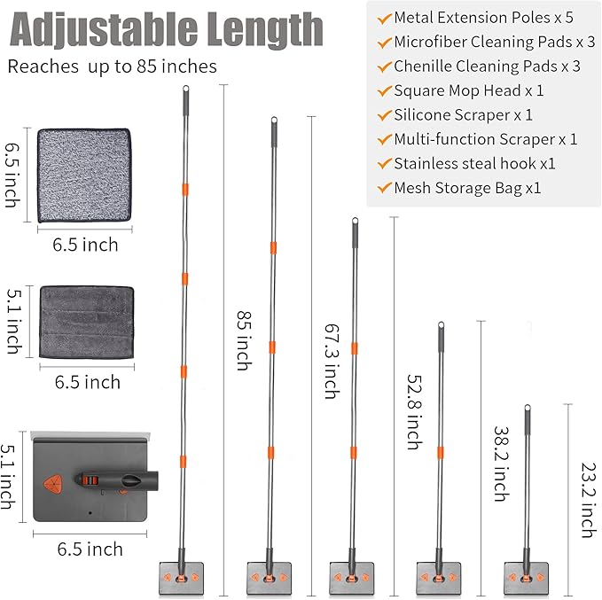 85” Baseboard Cleaner Tool with Handle and Hooks, 180° Rotating Wall Cleaner with Convex Design, Wall Mop with 6 Reusable Pads to Clean Wall, Window, Floor and Ceiling with Extension Poles