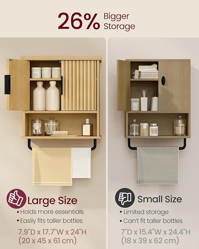 VASAGLE MAXE Collection - Bathroom Cabinet Wall Mounted, Over Toilet Hanging Cabinet with Adjustable Shelf, Towel Bar, Fluted Doors, 7.9 x 17.7 x 24 Inches, Transitional, Oak Beige UBBK137Y01S