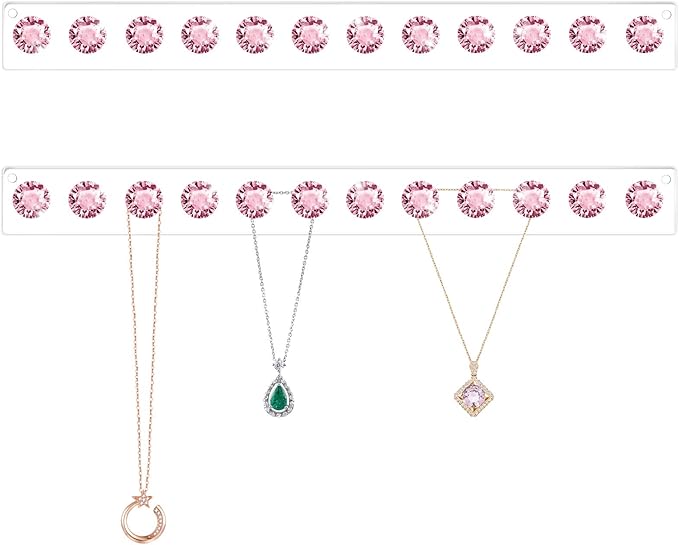 Acrylic Necklaces Holder Wall Mounted Necklace Hangers Hanging Jewelry Organizer with 12 Hooks, Clear Jewelry Hangers for Necklace Organizer for Girls Women, Necklace Hooks for Wall (Pink, 2 Pack)
