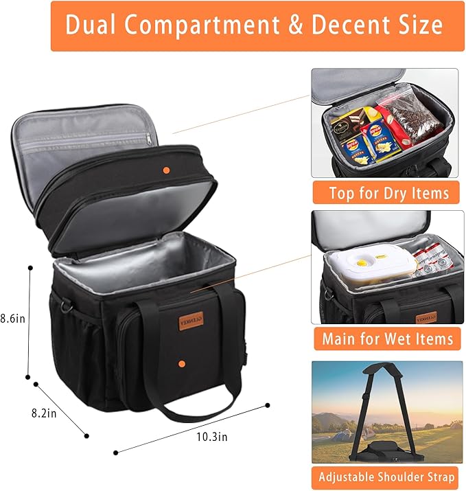 Expandable Insulated Large Lunch Box, Double Deck Heavy Duty Durable Lunch Bag Leakproof Cooler Bags for Men Women Adults Work Shift Flight Beach Daytrip, 20 Can, Black, GLENKEY