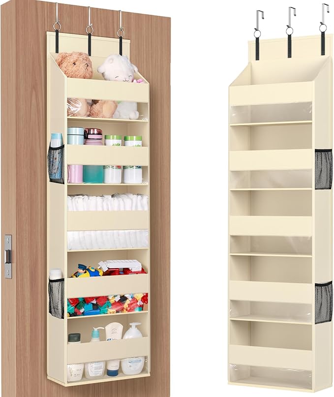 Lifewit 1 Pack Over the Door Organizer, Clear Window Hanging Storage with 4 Mesh Side Pockets, Anti Tilt 40 lbs Load Behind Door for Pantry, Nursery, Bathroom, Bedroom, Dorm, 5 Section, Beige