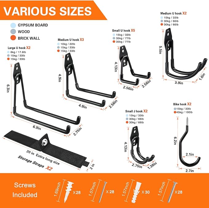 18 Pack Garage Hooks Heavy Duty Utility Steel with Anti-Slip Coating Wall Mount Storage Organizer for Hanging Power and Garden Tools, Ladders, Hose, Bikes, Ropes, Bulk Items, and More