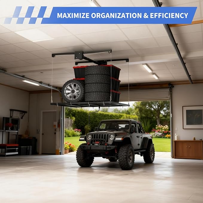 Garage Ceiling Storage Rack,Storage Elevator for Garage,4x4 ft Overhead Lift Storage with 350 Lb Capacity,Smooth Crank System, Space-Saving Design for Garage Organization