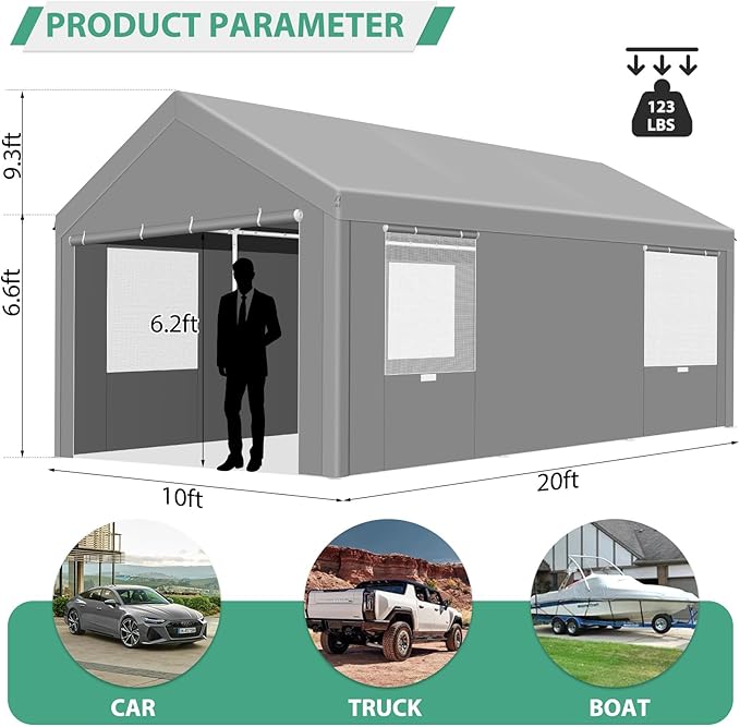 COBIZI Carport 10x20FT Heavy Duty Portable Garage, 3.0 Powder Coated Frame(Better Than Galvanized), Waterproof Shelter with Removable Sidewalls & Windows, Built-in Sandbags, for Car/Boat/SUV, Gray