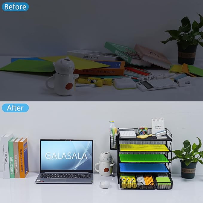 GALASALA Desk Organizers, 5-Tier Mesh Desktop File Organizer, Paper Organizer Letter Tray with Drawer, Paper Sorter for School Office Supplies Desk Accessories, Black