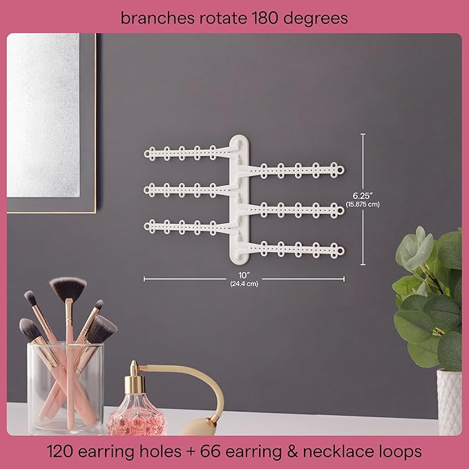 6-Tier 6" Wall Jewelry Organizer, Command Strips included for Easy Hanging, 120 Hole Earring Organizer, Necklace Organizer, Bracelet Holder, Ring Holder, Rotating Branches (White Small)